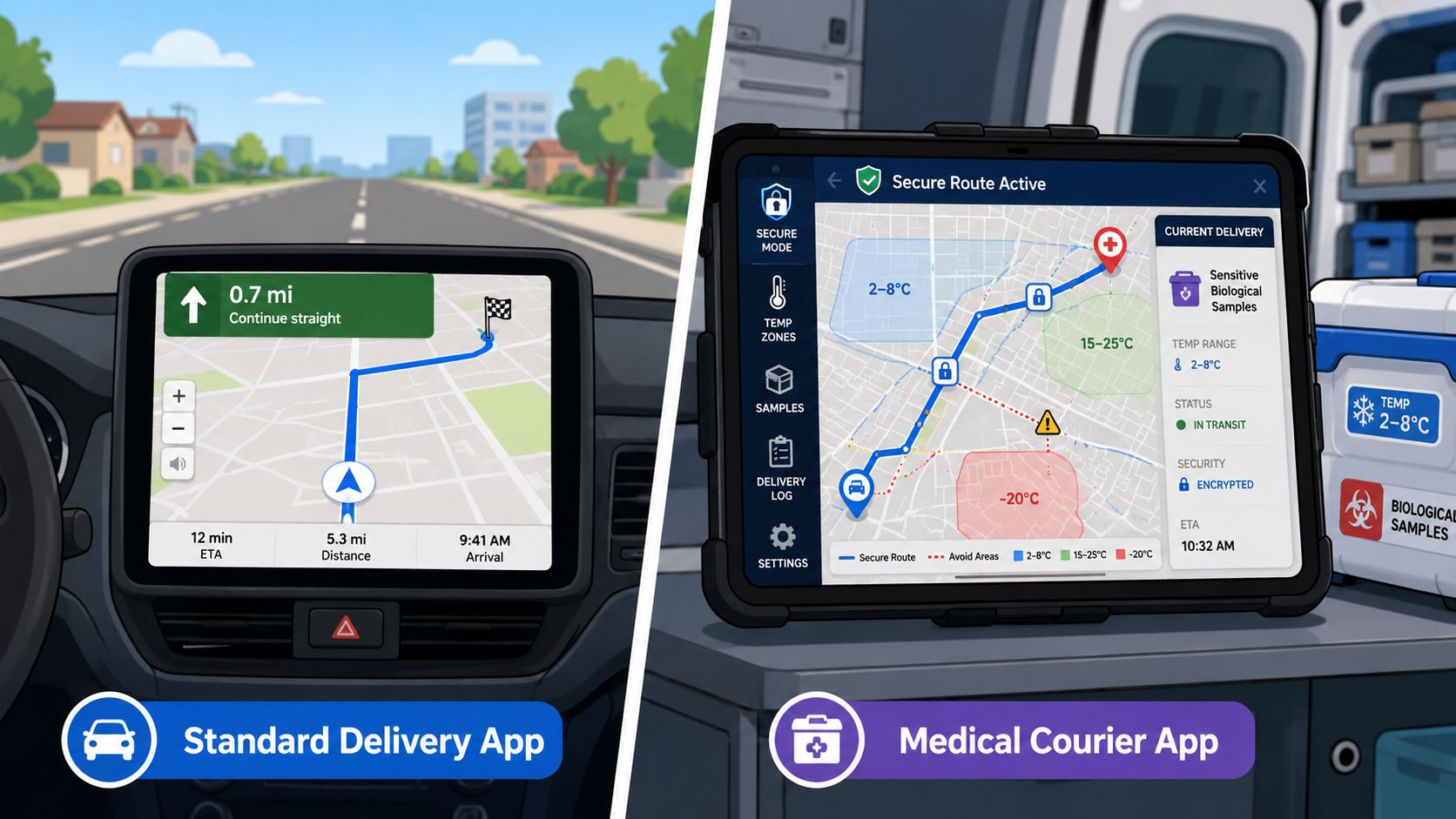 Comparison of a standard navigation system on a car dashboard versus a specialized medical courier app on a tablet.