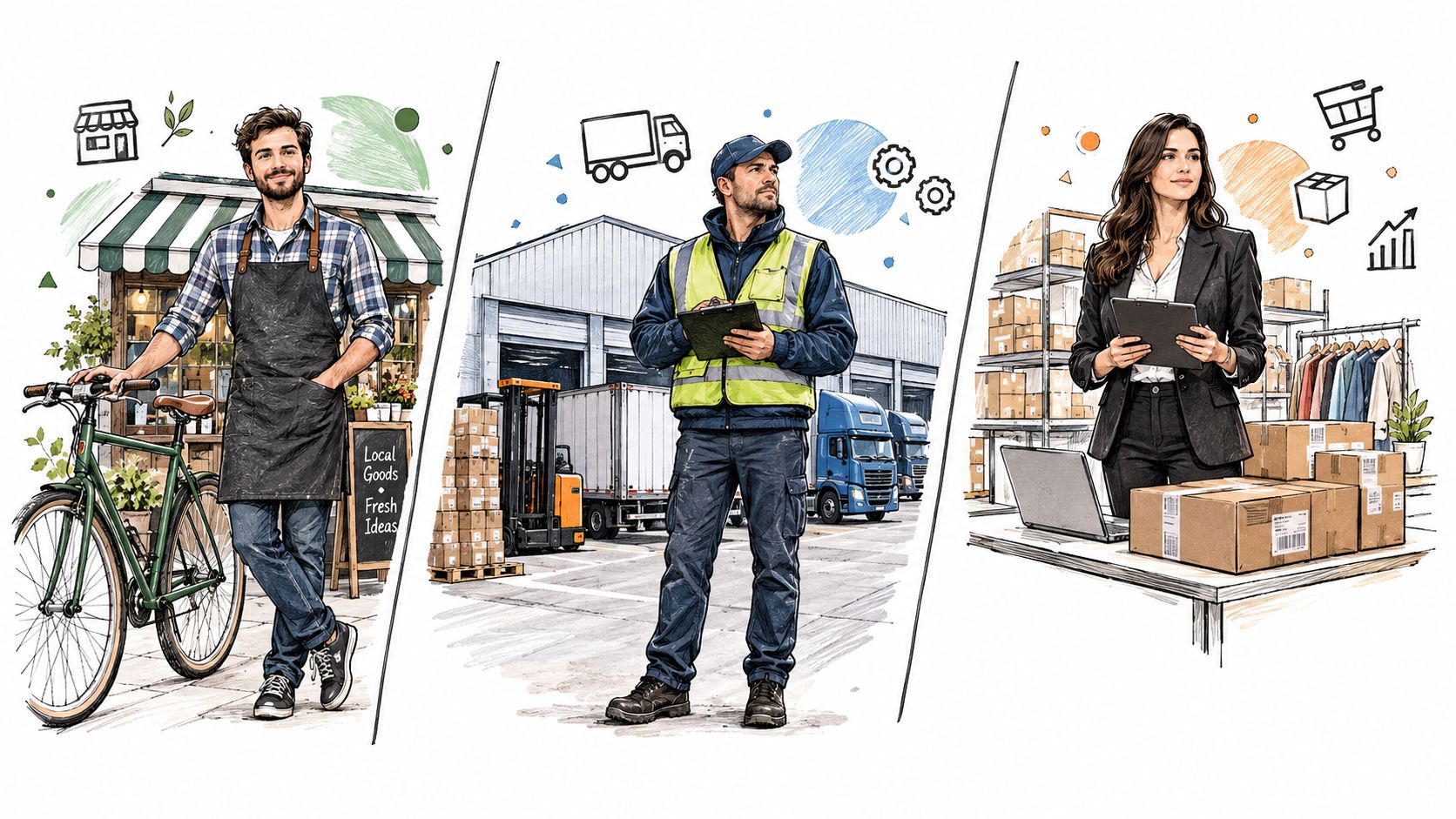 Three professional business roles representing retail shop owner, logistics warehouse manager, and e-commerce supply chain coordinator.