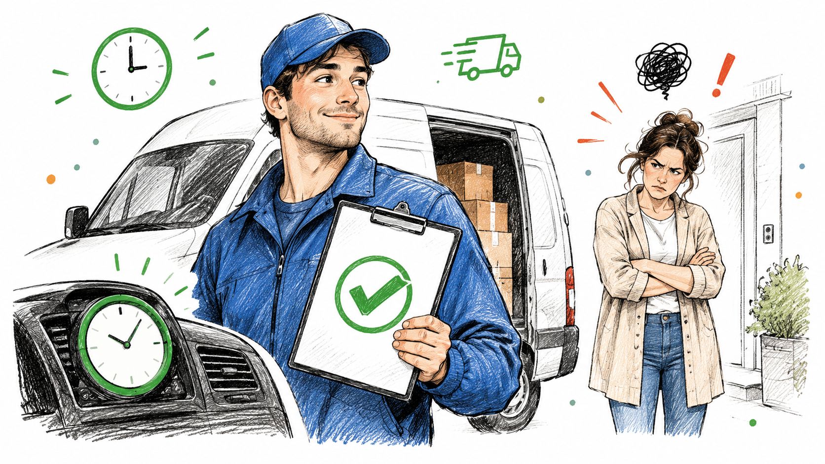 A delivery driver holding a checklist with a green checkmark next to a van while a customer waits.