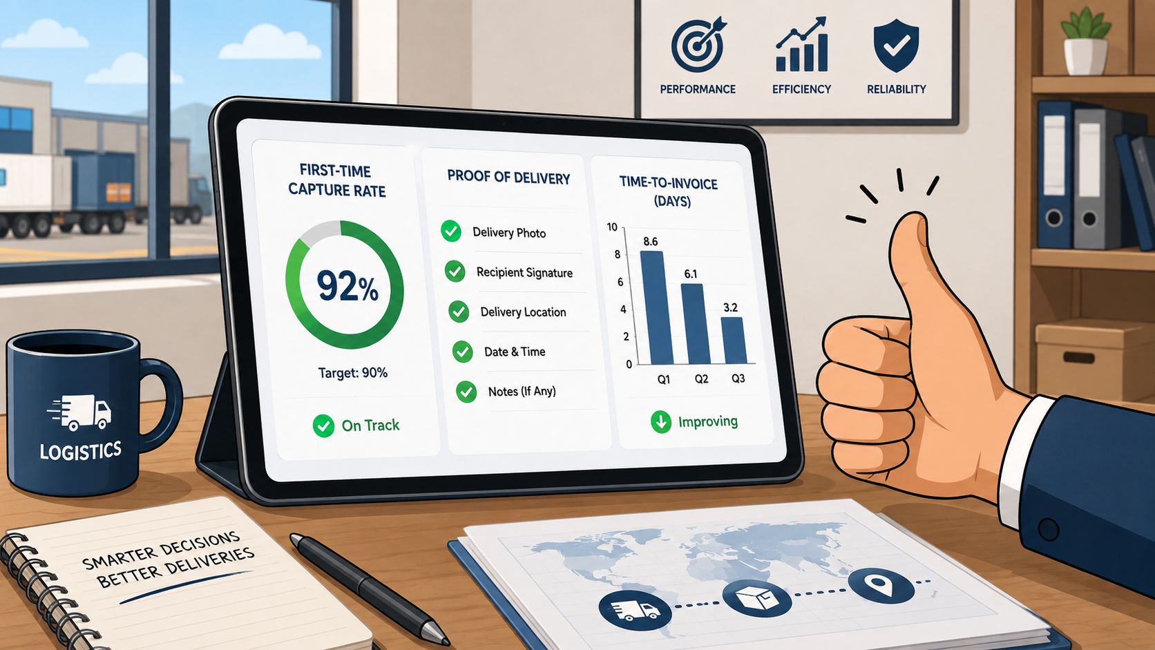 A digital tablet displaying logistics metrics like capture rate and delivery data with a thumbs up gesture.