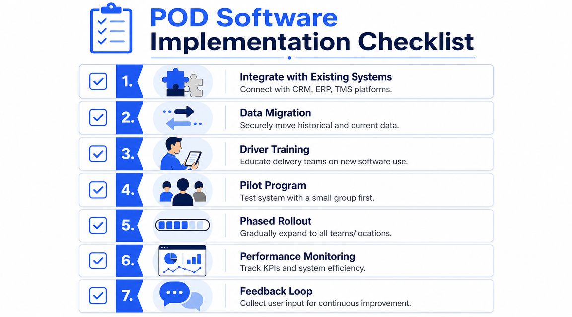 A seven-step checklist for successfully implementing Proof of Delivery software in a business operations workflow.