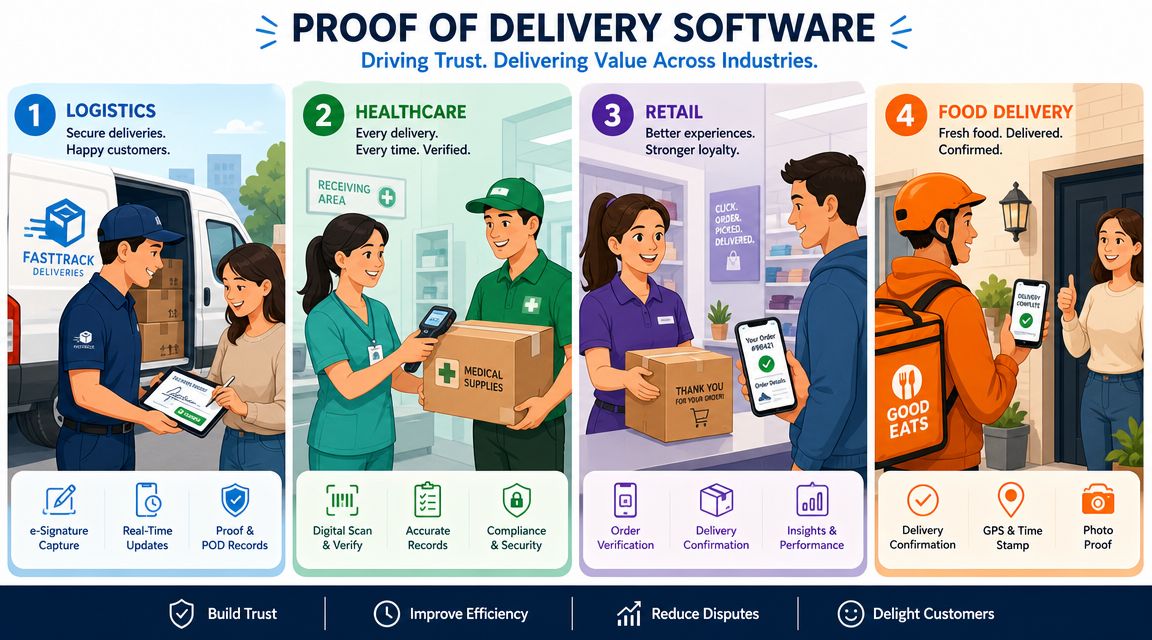 An infographic showing Proof of Delivery software benefits across logistics, healthcare, retail, and food delivery industries.