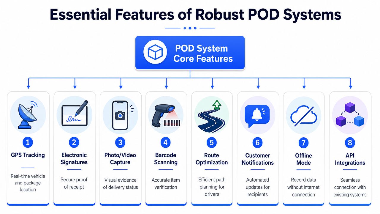 A diagram outlining eight essential features for a robust proof of delivery system for logistics operations.