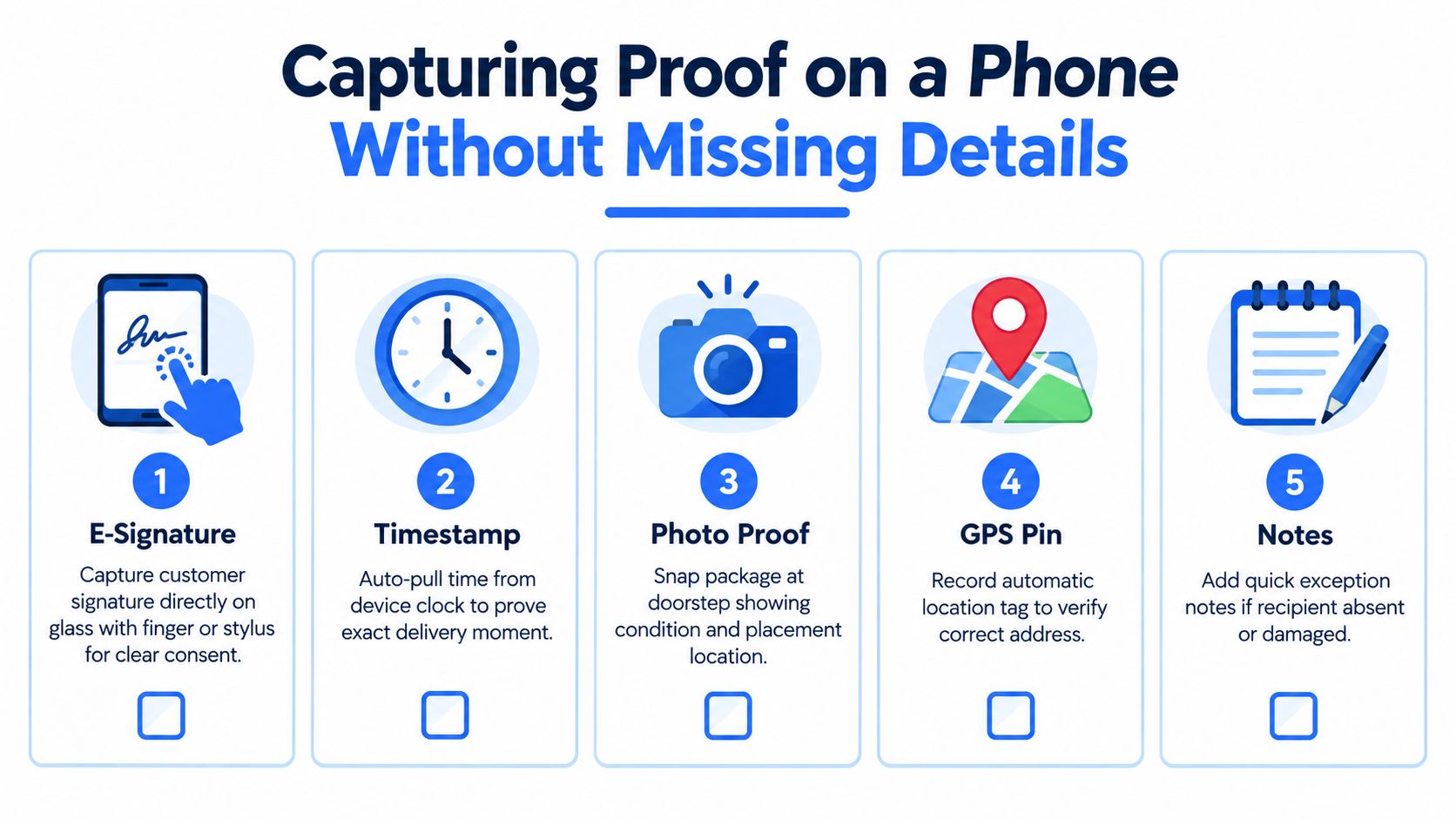A five-step infographic showing how to capture proof of delivery details on a mobile device.