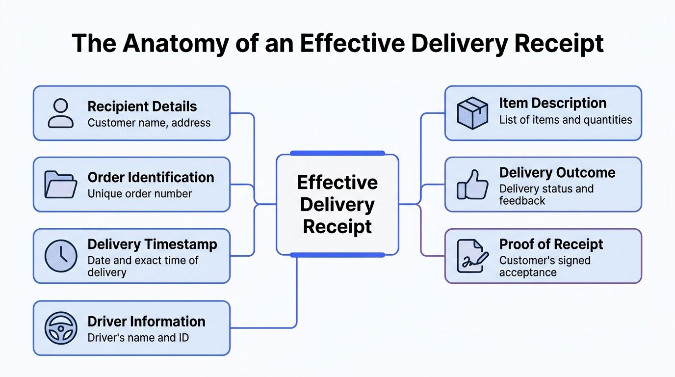 A diagram illustrating the essential components required for an effective delivery receipt in a business setting.