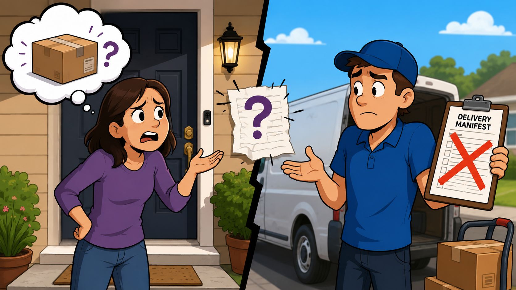 A delivery driver and a customer looking confused over a missing package and delivery manifest.