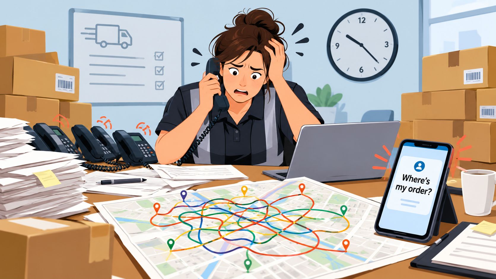 A stressed logistics worker struggling with multiple phone calls and complex delivery routes in a busy office.