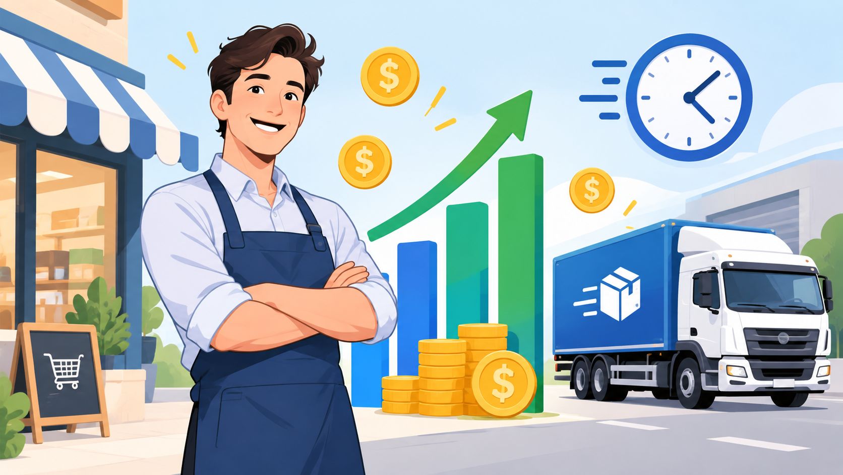 A happy shopkeeper standing in front of his store next to a growing chart and delivery truck.