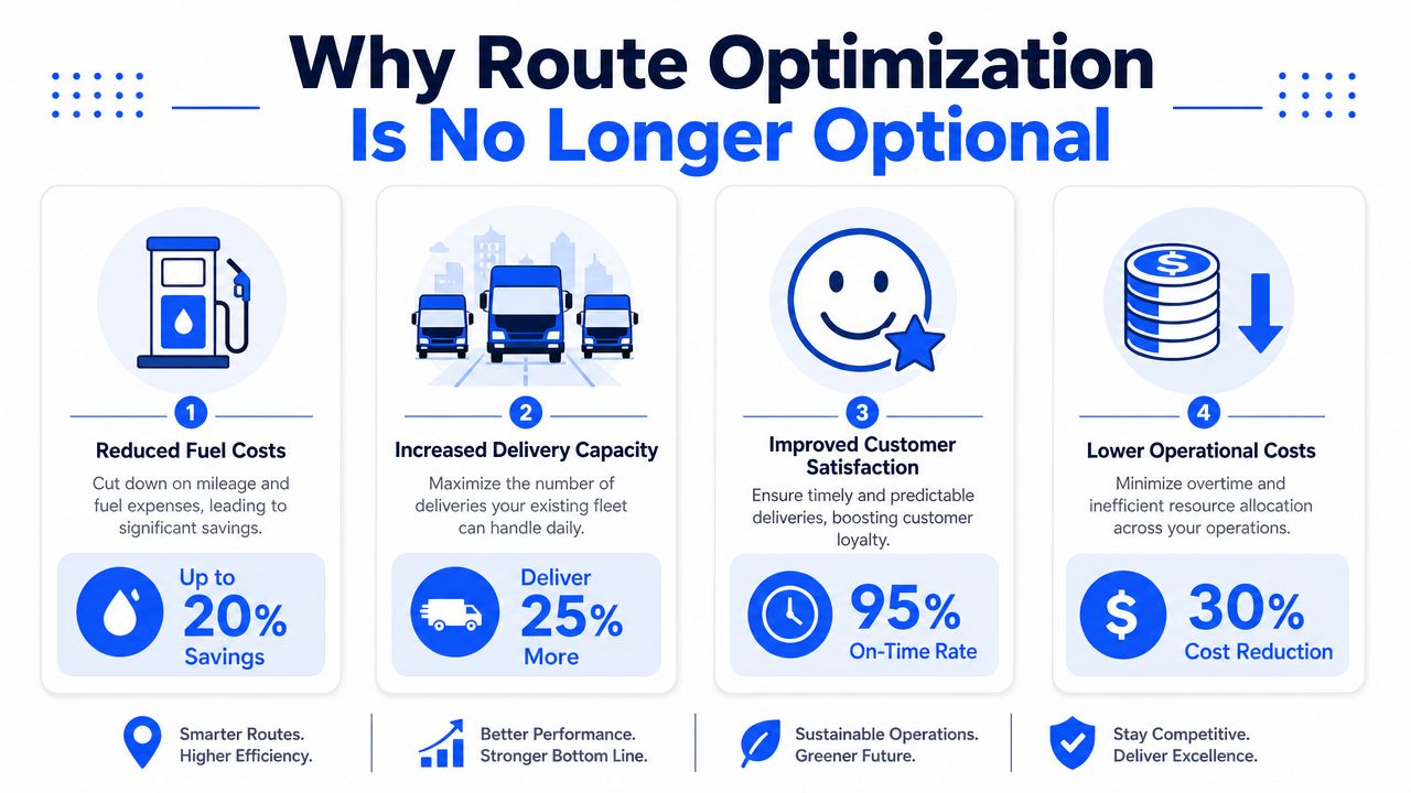 An infographic highlighting four key business benefits of route optimization for improving logistics and delivery fleet efficiency.
