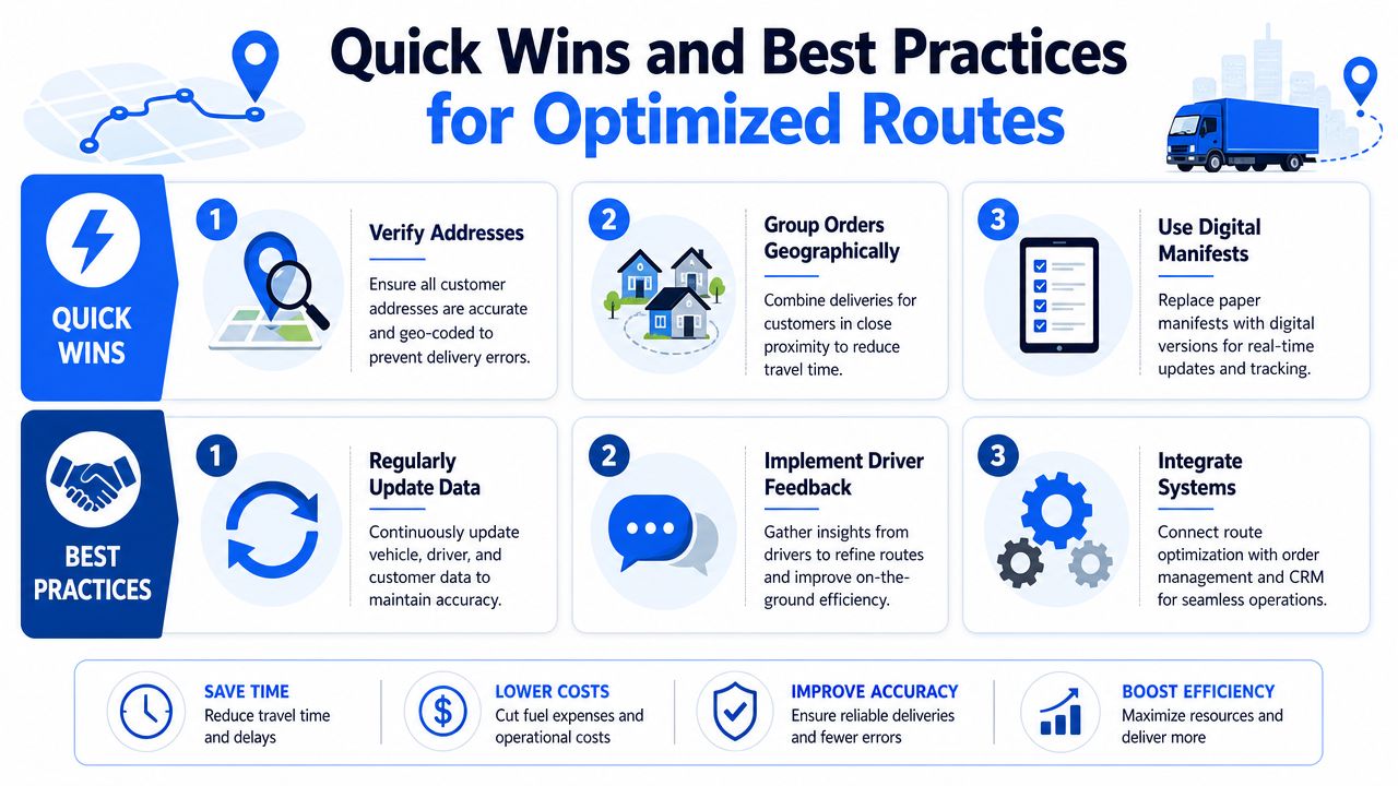An infographic showing Quick Wins and Best Practices for achieving optimized routes in last mile delivery operations.