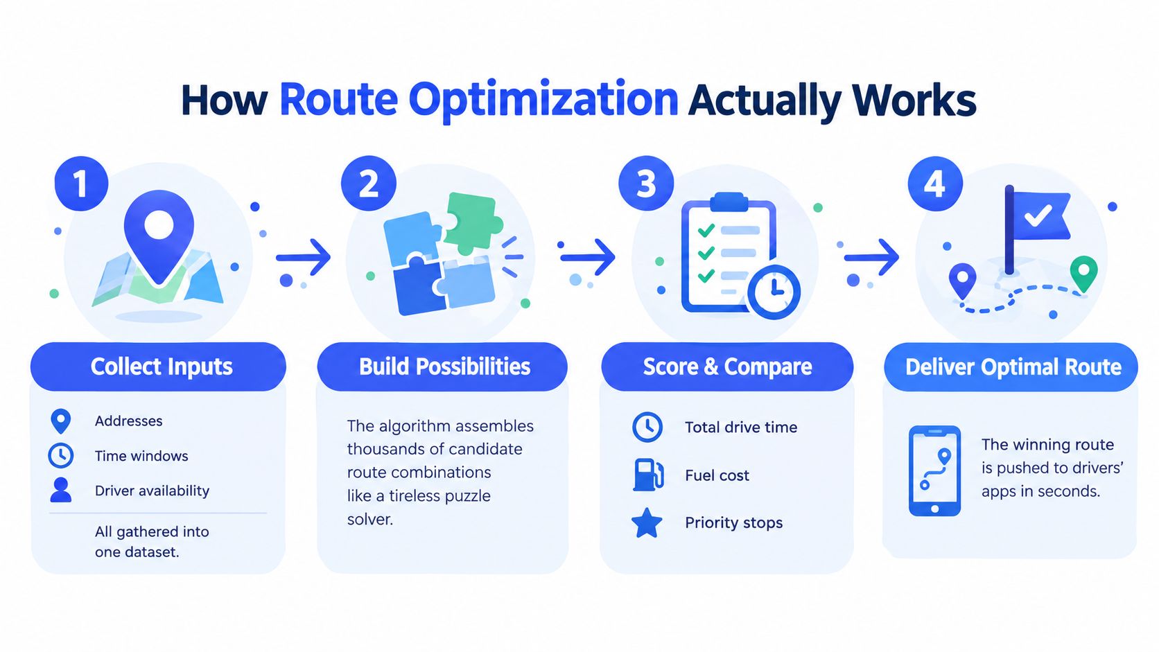 A diagram illustrating the four-step process of how route optimization software works for logistics and delivery.