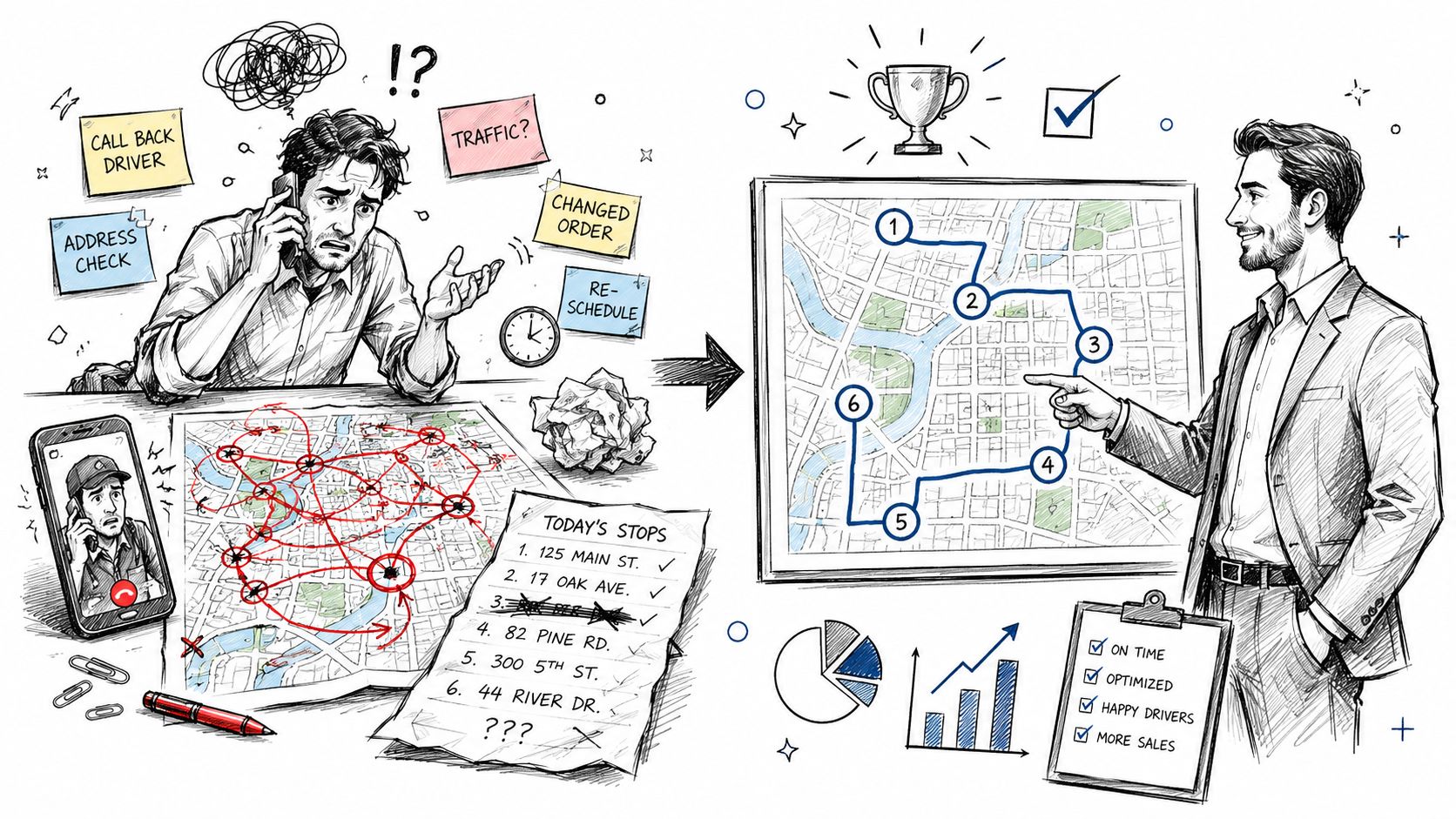 A split illustration showing a stressed delivery dispatcher and an organized manager using optimized route planning software.
