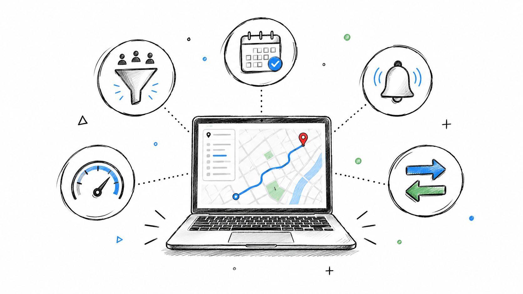 A hand-drawn illustration of a laptop surrounded by icons for route planning, scheduling, notifications, and analytics.