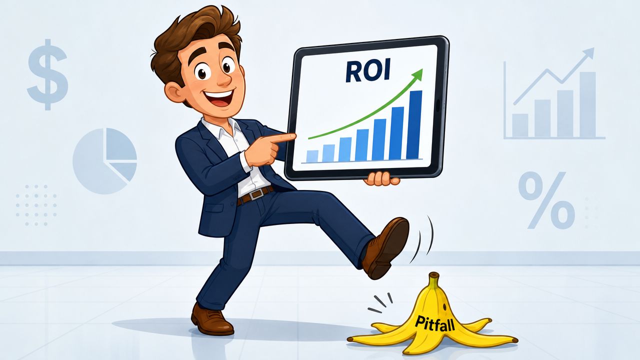 A businessman pointing at a growing ROI graph while about to step on a banana peel pitfall.