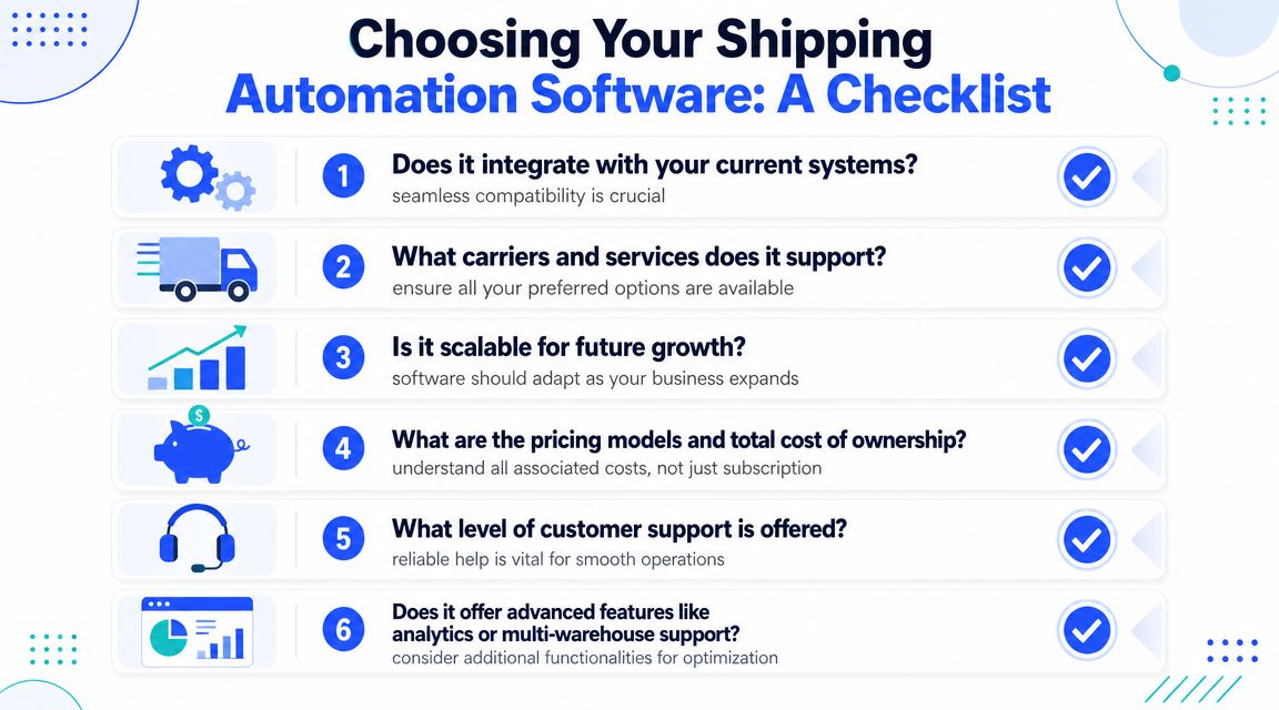 A checklist for choosing shipping automation software, highlighting six essential criteria for business operational success.