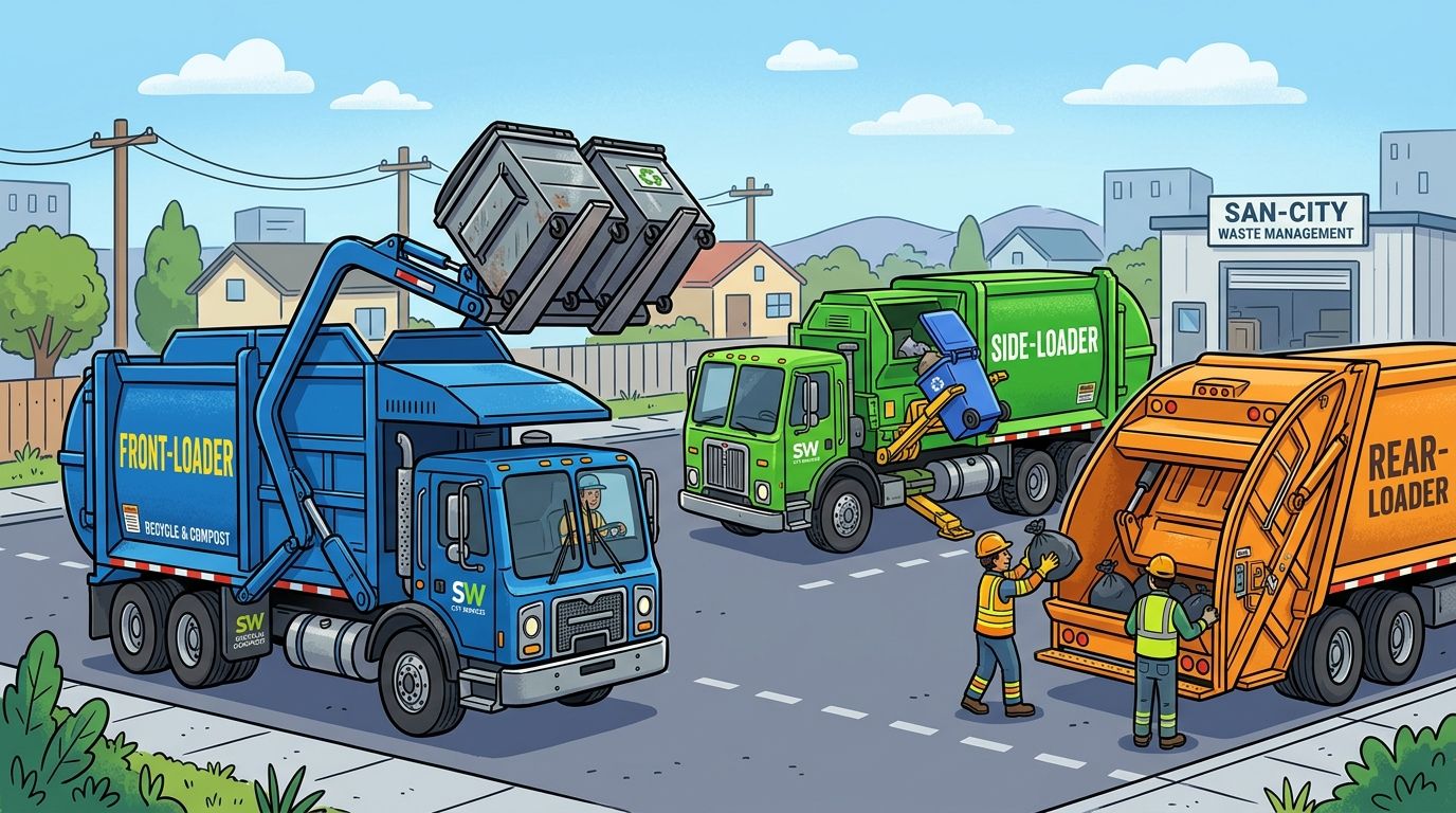 Three different types of garbage trucks including front-loader, side-loader, and rear-loader operating on a suburban street.