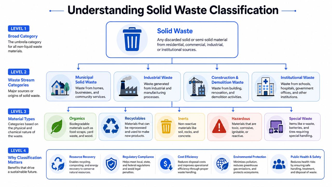 An infographic diagram explaining the classification of solid waste from broad categories down to specific material types.