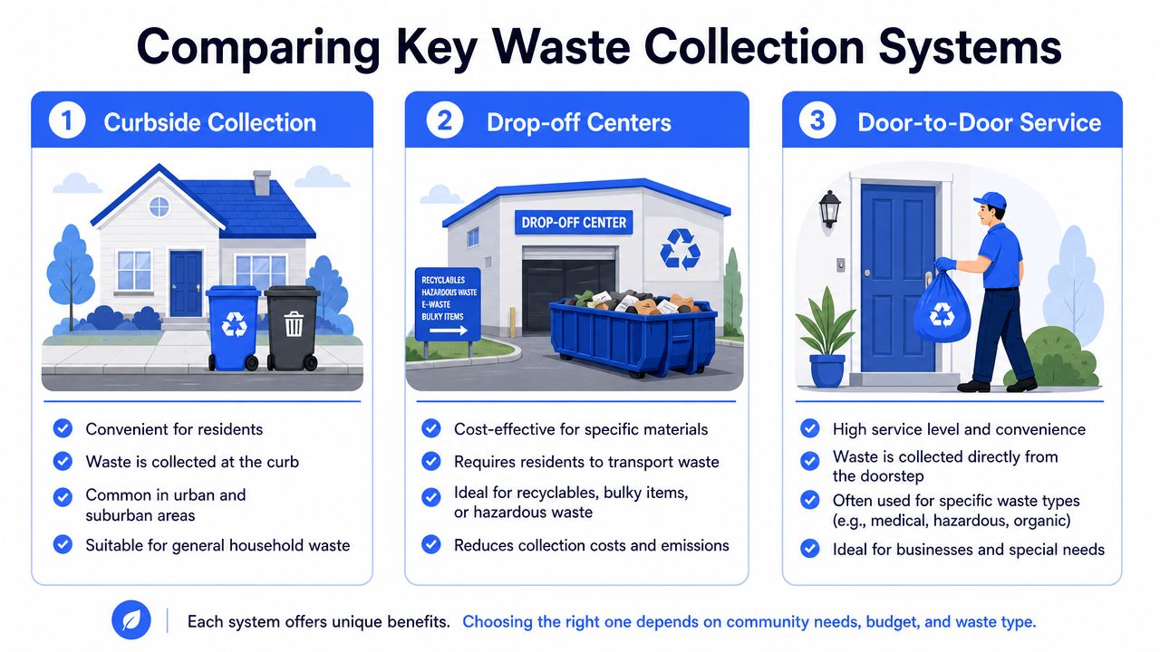 An infographic comparing curbside collection, drop-off centers, and door-to-door waste management systems with key service descriptions.