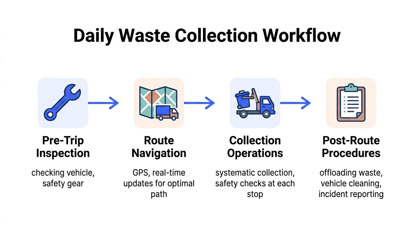 A diagram outlining the four stages of a daily waste collection workflow from inspection to completion.