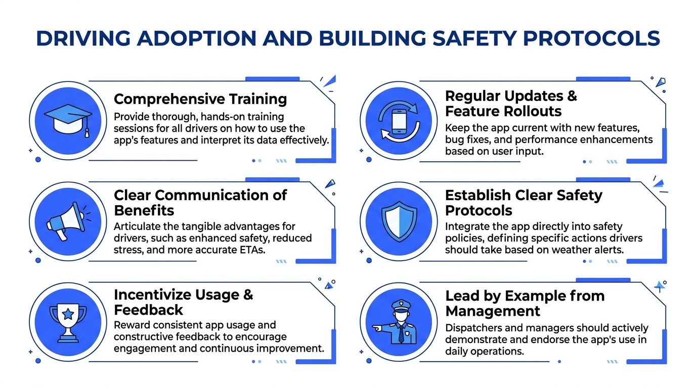 A strategic infographic outlining six methods for driving app adoption and implementing safety protocols for professional drivers.
