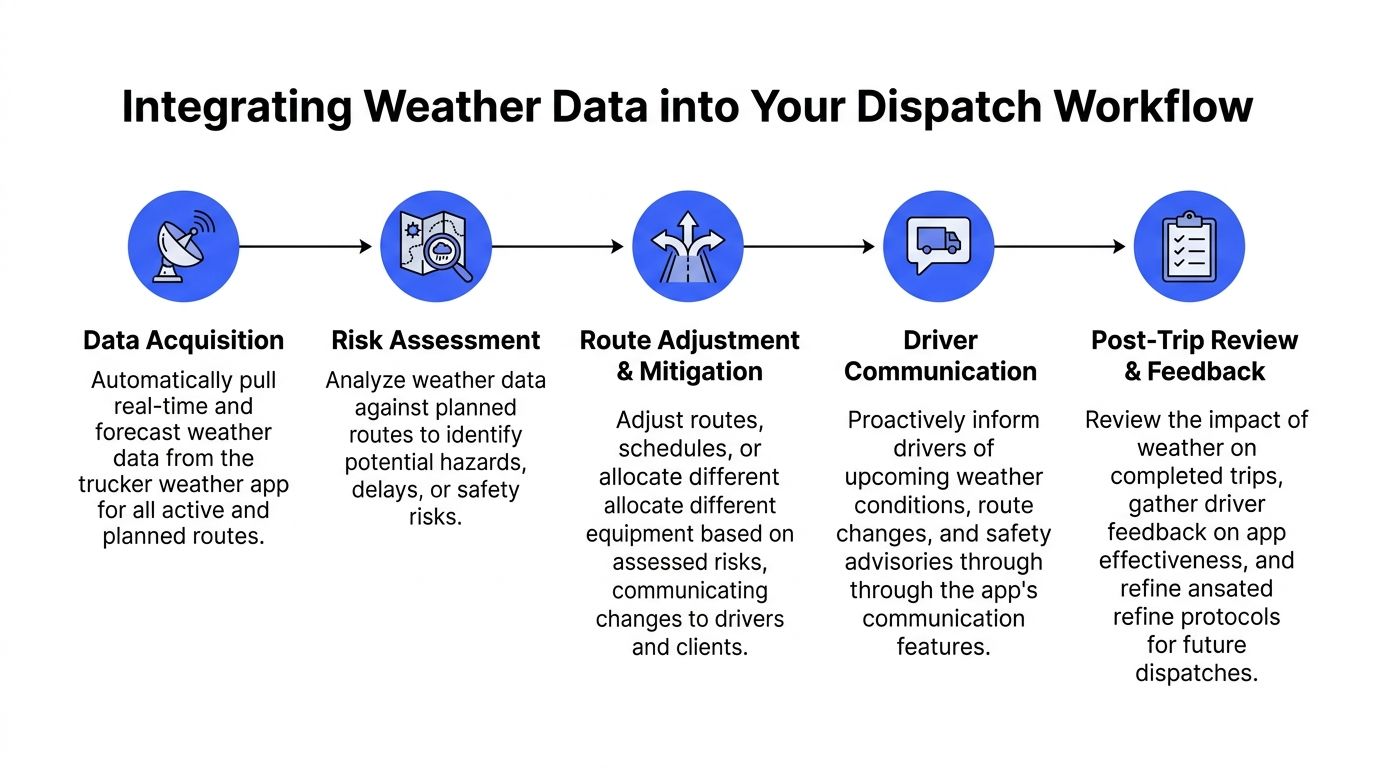 A five-step flowchart showing how to integrate real-time weather data into a professional dispatch workflow.