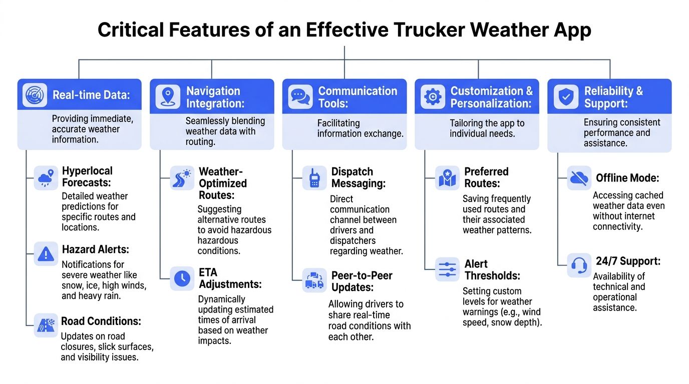 An infographic detailing essential features for a professional trucker weather app to enhance road safety.