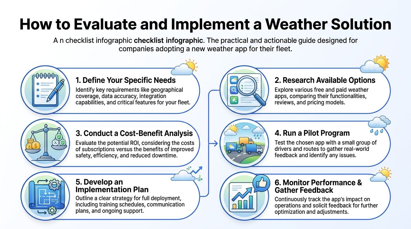 An infographic showing a six-step guide for companies to evaluate and implement a weather app for fleets.