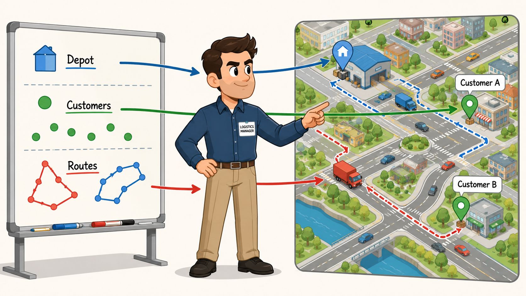 A logistics manager presenting a vehicle routing problem diagram on a whiteboard and a city map.