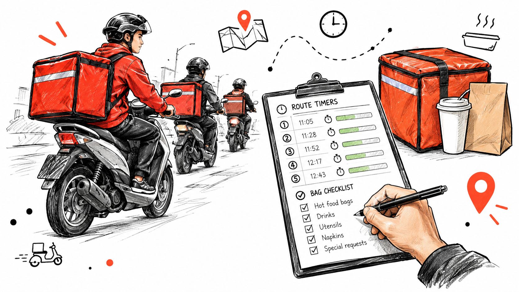 Delivery riders on motorbikes passing a clipboard with route timers and a food delivery checklist.