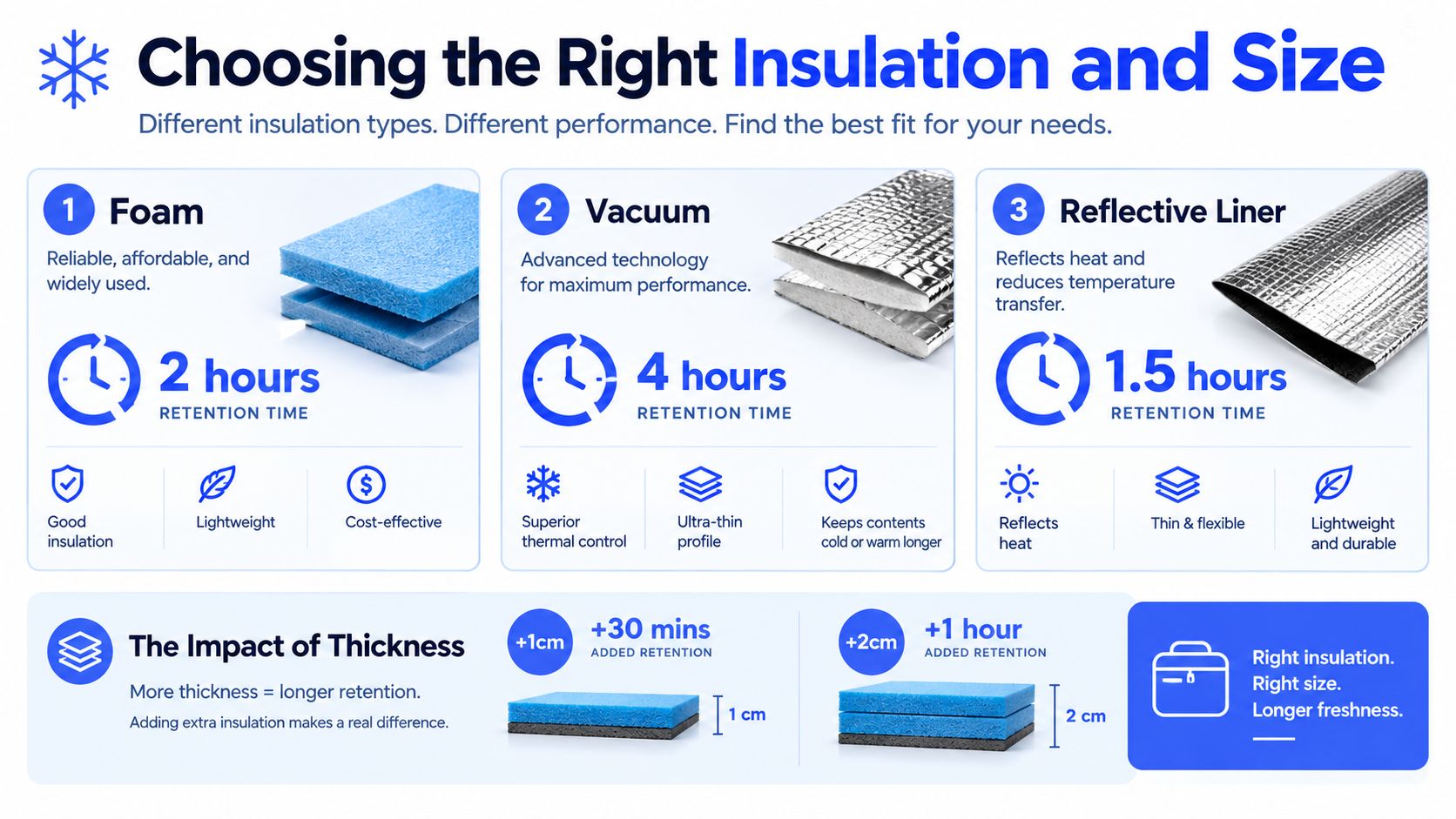 An infographic showing a comparison of insulation types, including foam, vacuum, and reflective liners for delivery bags.