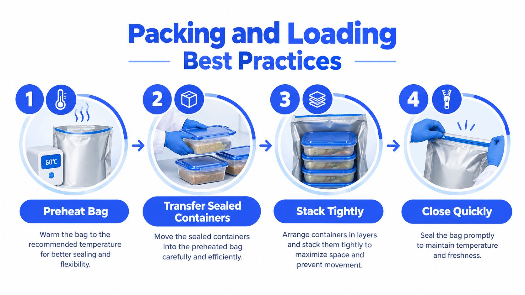 A four-step infographic illustrating how to properly pack warm food delivery bags for optimal temperature retention.