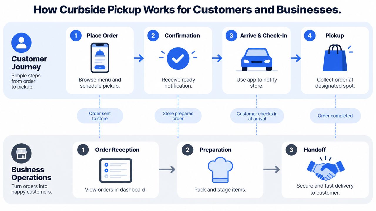 A sketch-style infographic explaining the five steps of the curbside pickup process for both the customer and the business.