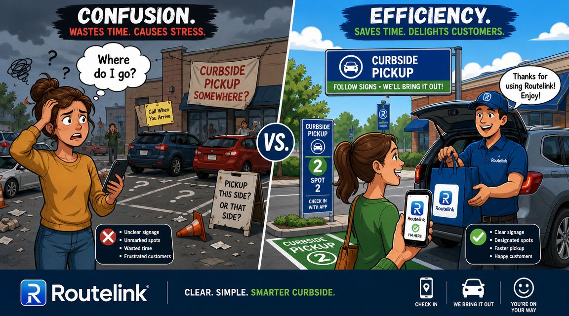 A comparison showing the difference between confusing and efficient, well-marked curbside pickup customer experiences using Routelink software.