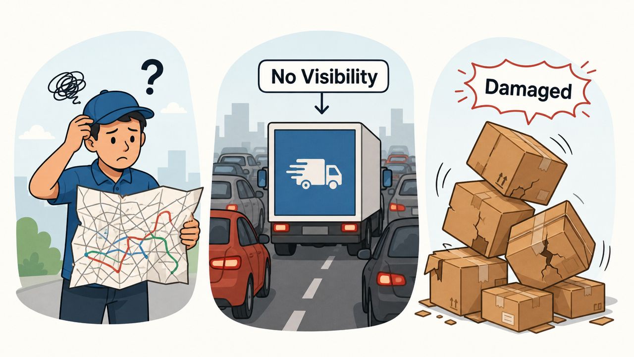 A delivery driver looking confused at a map, a truck in heavy traffic, and damaged cardboard boxes.