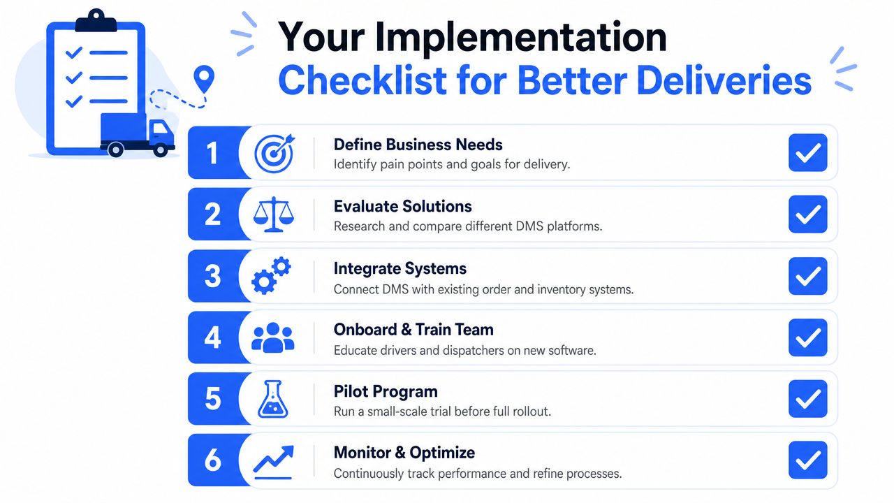 A six-step implementation checklist for improving business delivery processes, featuring icons and descriptive text for each step.