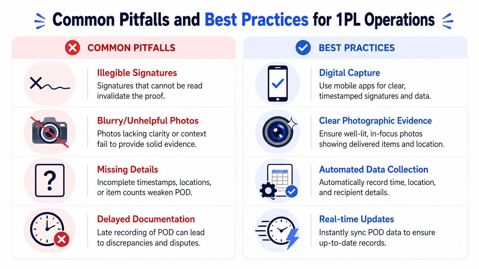 An infographic comparing common proof of delivery pitfalls and best practices for 1PL operations.