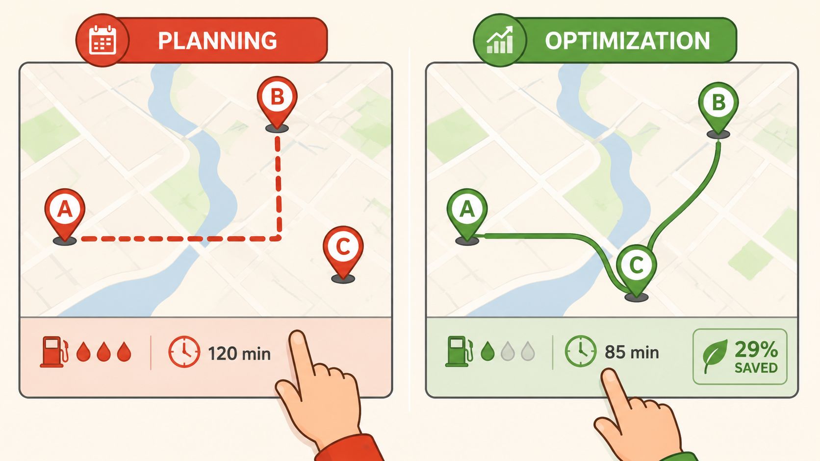 A comparison graphic showing an inefficient route planning map versus an optimized delivery route map.