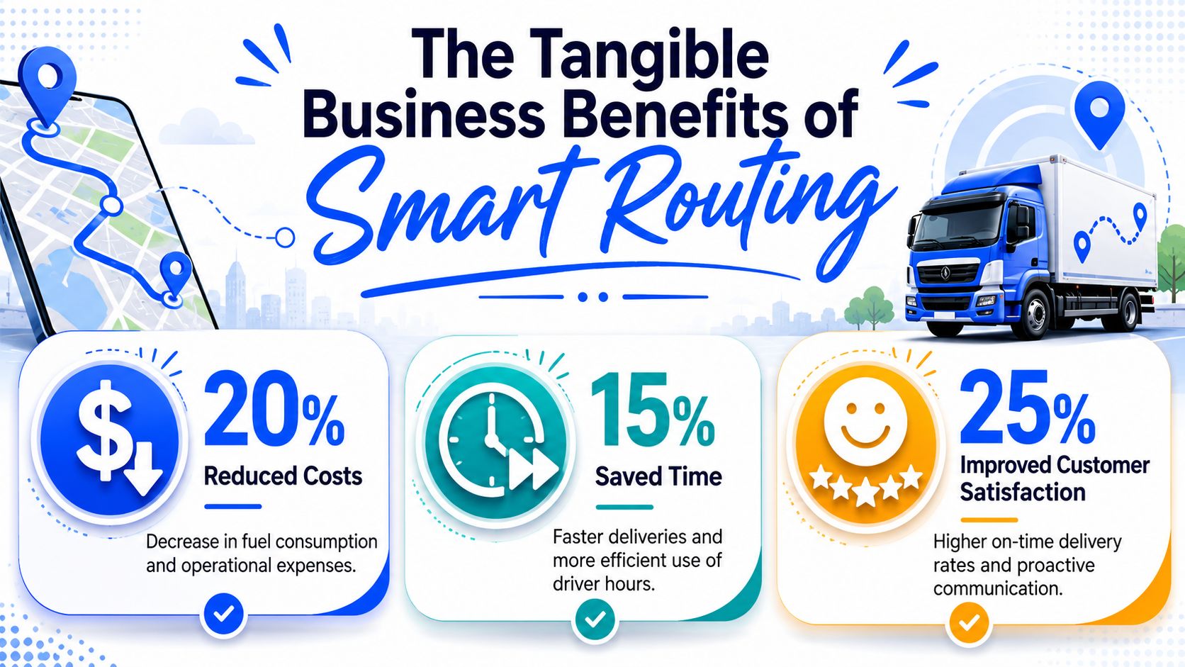 An infographic showing the three main business benefits of smart routing: reduced costs, saved time, and improved satisfaction.