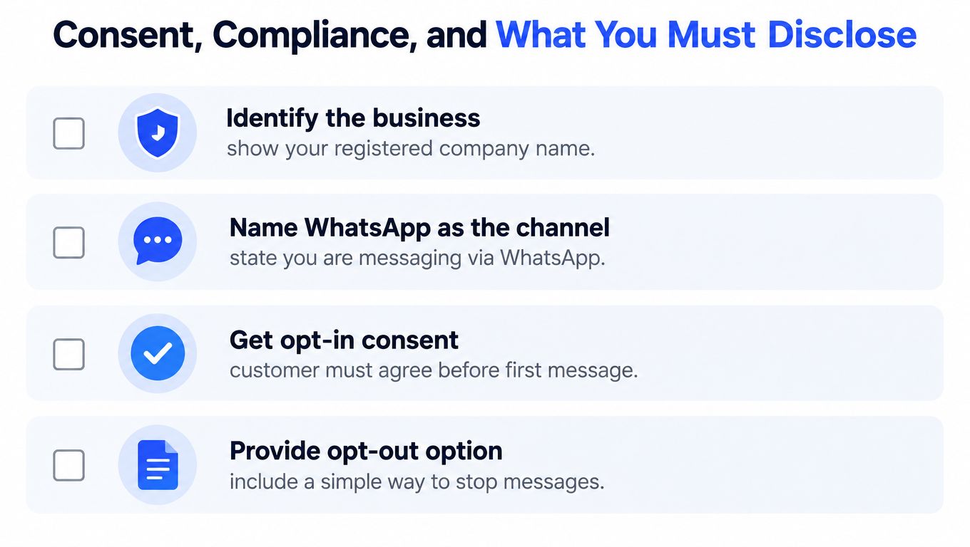 A checklist infographic outlining compliance and consent requirements for sending business messages via the WhatsApp platform.