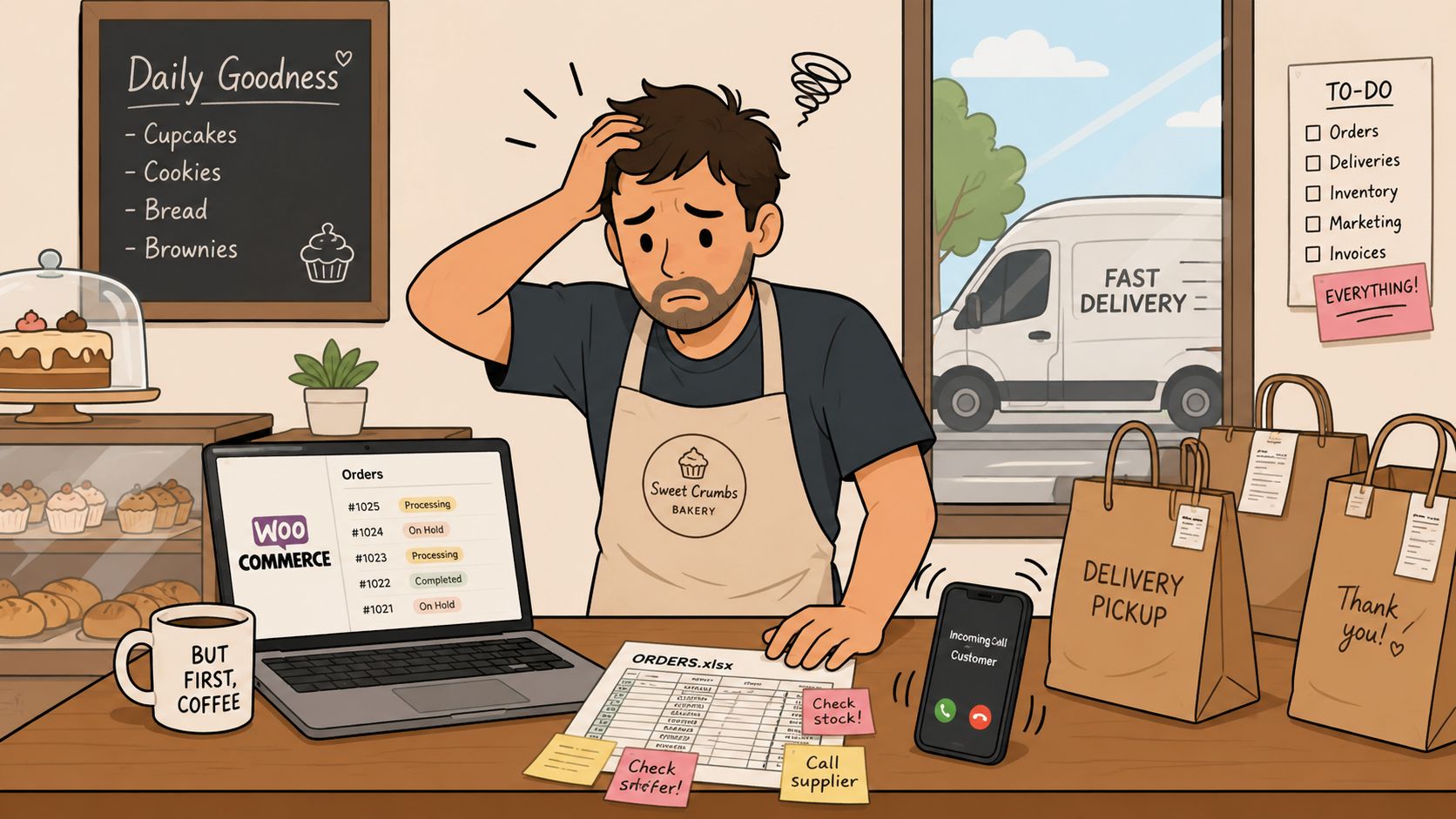 A stressed bakery owner managing WooCommerce orders while juggling delivery tasks and incoming customer calls.